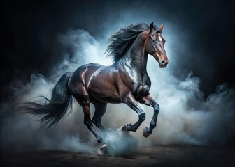 Black Horse Portrait in Motion: Captivating Equine Majesty in Fog and Dust on Black Background, Dramatic Lighting, and Dynamic Energy Showcase