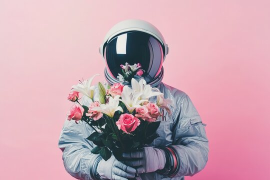 astronaut in grey space suit and helmet presenting beautiful bouquet of roses and lilies flowers on pastel pink background