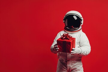 astronaut in a space suit holding gift present box with red ribbon and bow on bright red background with copy space