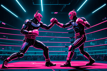 Robots boxing in the ring, illustration, neon aesthetics, neo-noir, cyberpunk. Generative AI.