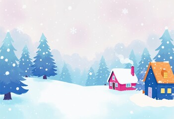 Naklejka premium Soft Pastel Winter Landscape with a Cozy Cottage winter landscape featuring a small, cozy cottage nestled in a snow-covered forest. The cottage has soft smoke rising from its chimney