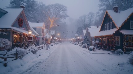 Fototapeta premium Winter season. A picturesque small town covered in snow, with charming storefronts adorned in holiday lights
