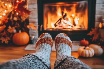 person's feet wearing pair of wool socks resting near a fireplace, with fall decorations on wooden floor in the background, cozy fall mood