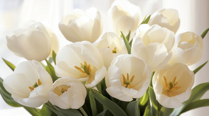 Fototapeta premium Beautiful white tulips in close up arrangement, showcasing their delicate petals and vibrant yellow stamens, creating serene and fresh atmosphere