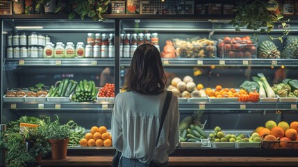 Physical Exercise. Habitual Integration. person making healthy choices at grocery store, selecting fresh produce and lean protein, representing connection between exercise and overall well-being.