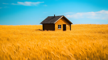 A solitary wooden house stands amidst a golden wheat field under a bright blue sky.