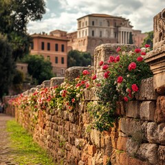 Fototapeta premium Old Roman stone wall with flowers against a modern building in Rome.