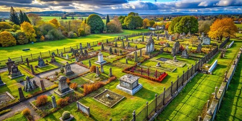 Fototapeta premium Abandoned Graveyard Aerial, Panoramic View, Headstones, Metal Border