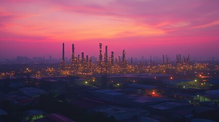 Beautiful sunset view of oil refinery with lights on in industrial area at dusk for travel and business concept, 8k