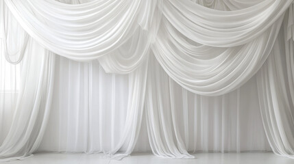 Elegant white curtains drape gracefully, creating soft and airy atmosphere. flowing fabric adds touch of sophistication to any space, perfect for events or photography