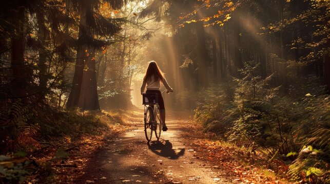 A young woman riding a bicycle on a forest trail with sunlight streaming through the trees and fallen leaves, The cyclist occupies between one-third and one-half of the frame