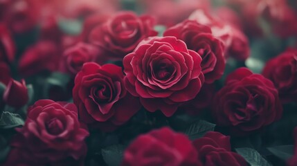 A Cluster of Deep Crimson Roses in Bloom