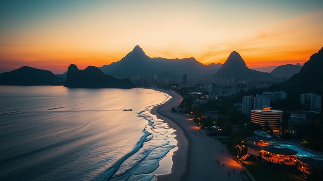 Aerial Joatinga Beach Sunset, Gavea, Vidigal, Corcovado, Costa Brava, Golden Hour