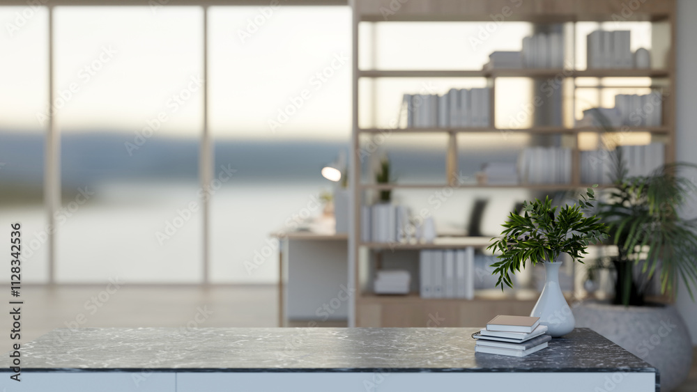 Poster a close-up of a black marble desk in a modern room features a large bookshelf and window.