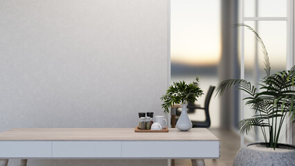 Minimalist wooden table with a ceramic vase and a coffee tray in a modern room. office coffee table.
