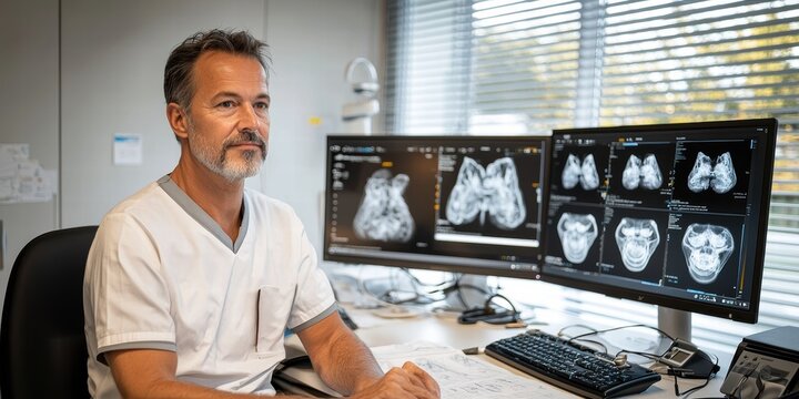 A medical professional analyzes imaging scans on dual monitors in a bright office environment.