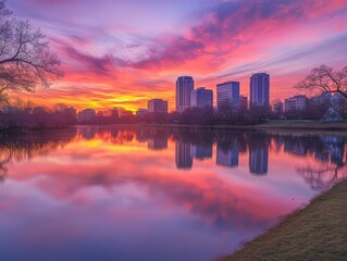 Obraz premium stunning sunset reflection over a city skyline