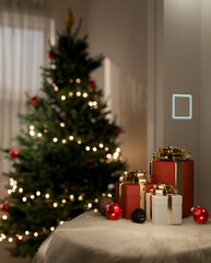 A table with Christmas present gift boxes in a room, illuminated by a glowing Christmas tree.