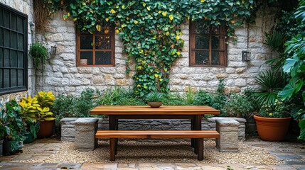 Obraz premium Rustic Outdoor Patio with Stone Wall, Wooden Table and Bench, and Lush Greenery