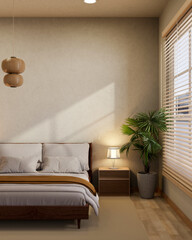 A comfortable contemporary bedroom featuring a cozy bed with minimalist-colored bedding and decor.