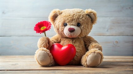 Obraz premium Cute Bear Holding Heart Flower, Adorable Teddy Bear with Floral Bouquet, Sweet Animal Photography, Wildlife Photography, Heart Shaped Flower, Bear with Flowers