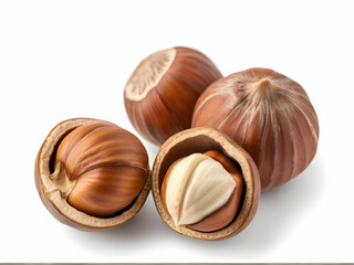 Close-up of a heap of healthy, brown hazelnuts isolated on a white background