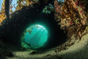 Underwater view through a circular opening with kelp.