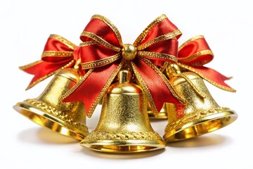 Christmas Golden Bells with Red Bows - Macro Photography