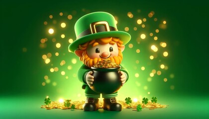 Happy cartoon 3d leprechaun holding a pot of gold surrounded by coins and clovers on a glowing green background. St. Patrick's Day concept