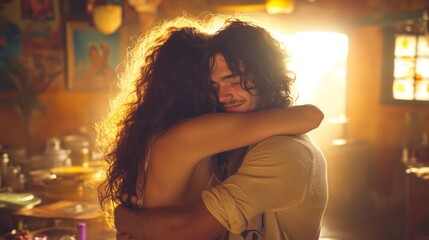 Fototapeta premium Young Couple Embracing in Warm Golden Light