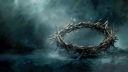 Fototapeta premium Crown of thorns on dark background with space for Easter or Palm Sunday message in a side view