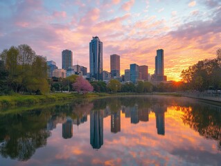 Obraz premium city skyline reflection at sunset over a tranquil lake