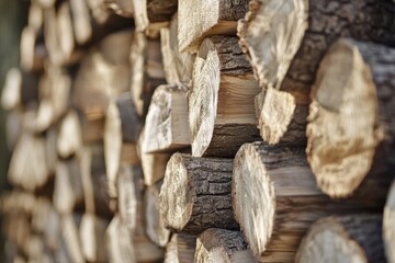Fototapeta premium Stacked wooden logs creating a rustic and natural backdrop in a warm setting
