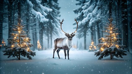 Obraz premium Christmas banner showcasing a magical scene with a majestic reindeer at the center, standing in a snowy forest surrounded by Christmas trees adorned with twinkling lights