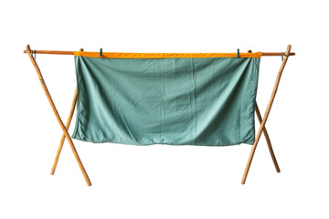 Unique portable drying rack made of wood and fabric for outdoor use at camping site