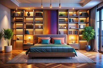 Contemporary Bedroom with Integrated Bookshelf - Stylish Bed Design
