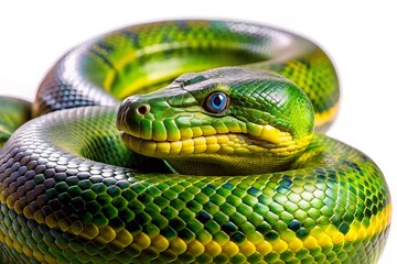 Fototapeta premium Green Anaconda Snake, Majestic Reptile, Low Light Photography, White Background, Amazon Rainforest, Powerful Constrictor