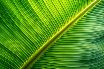 Detailed view of a vibrant green banana leaf with intricate patterns and textures