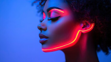 Obraz premium Neon Glow Futuristic Portrait of a Black Woman with Glowing Lines