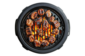 Grilled meat cooking on a charcoal grill on a sunny day, showcasing perfect grill marks and juicy texture