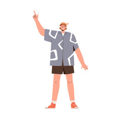 Man pointing up with finger, arm raised. Excited happy male smiling, showing, indicating and advertising with hand gesture and joyful expression. Flat vector illustration isolated on white background
