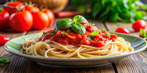 Delicious Spaghetti with Tomato Sauce and Basil - Bokeh Food Photography