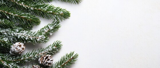 Obraz premium Snowy Pine Tree Branches with Cones on Bright White Background