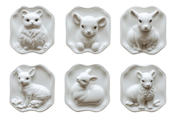 Unique decorative wall art featuring six animal reliefs set in white porcelain