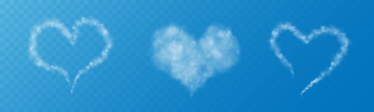 A set of different smoky fluffy heart shaped clouds on a transparent blue sky background. Romantic smoke trail, white translucent heart shaped clouds. Vector illustration for your graphic design.
