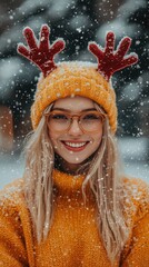 Obraz premium 3D Christmas background featuring a cheerful woman wearing a cozy winter reindeer hat with festive antlers, set against a snowy backdrop that captures the essence of winter warmth and holiday spirit, 