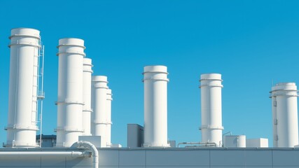 Factory Rooftop Ventilation System, White Chimneys, Blue Sky, Industrial Design