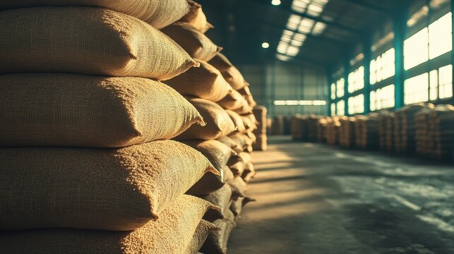 Stacked burlap sacks in a warehouse. Illustrates bulk storage, agriculture, or trade.
