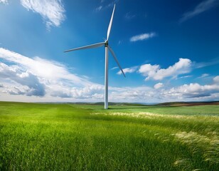 Fototapeta premium A wind turbine standing tall in a vast green field under a bright blue sky with scattered white clouds, clean energy concept.