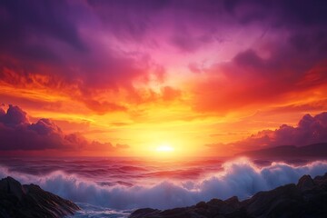 Obraz premium Dramatic Sunset Over Rugged Coastal Landscape with Fiery Sky and Crashing Waves